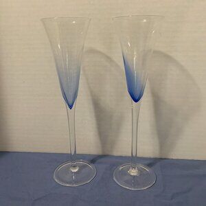 GLASSES -  2 set Crate & Barrel Krosno Champagne flutes Blue Rhapsody hand blown